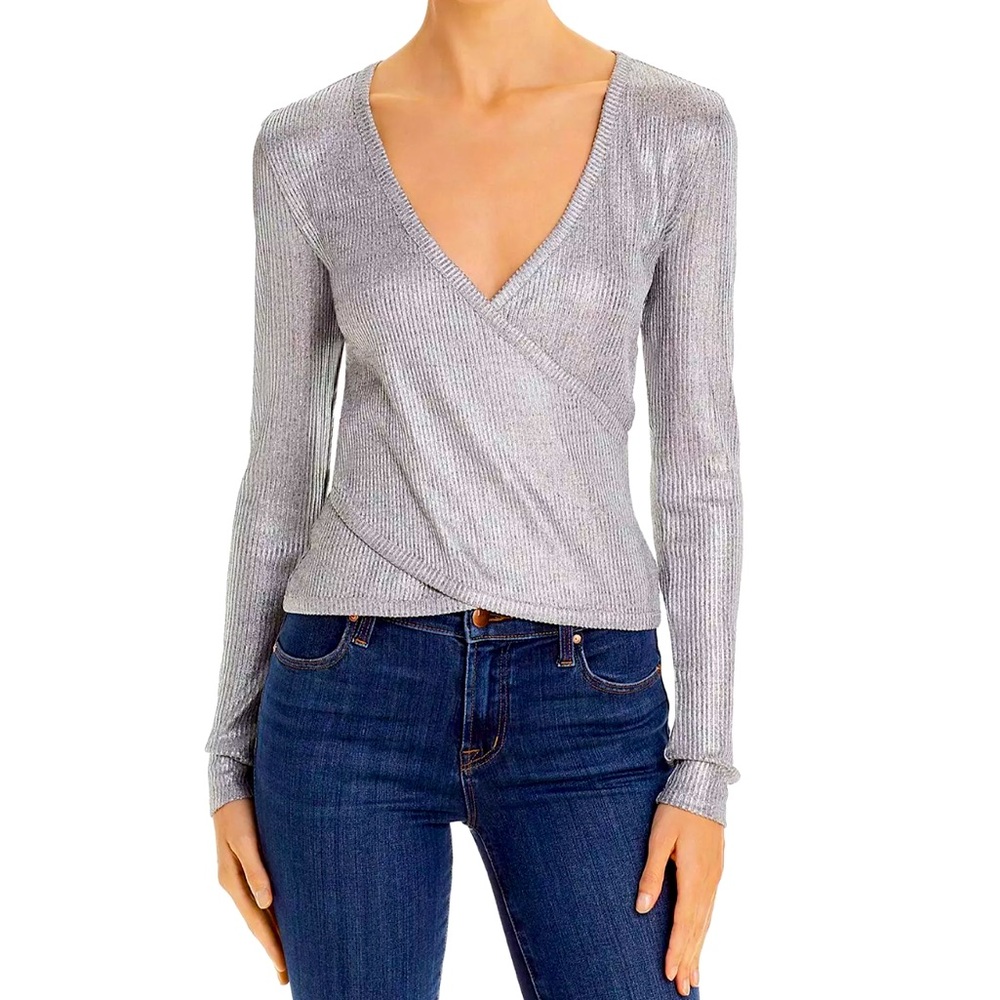 Ramy Brook Silver Stretch V-Neck Wrap Top